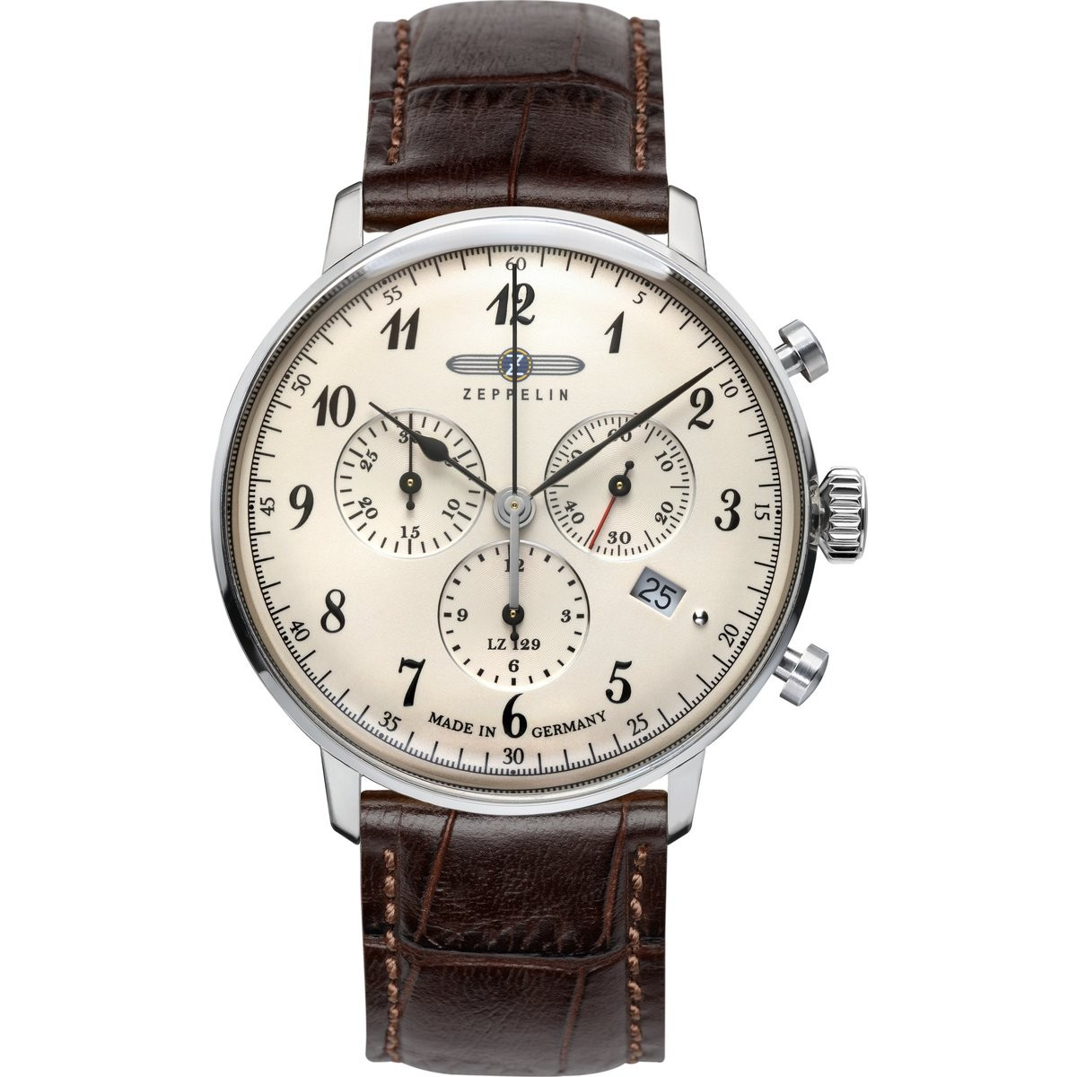 Montre pilote militaire pour homme bracelet en cuir marron cadran blanc Montre Zeppelin LZ129 Hindenburg - 40 mm - Z-7086-4