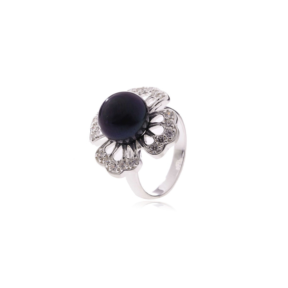 Bague Perle de culture Noire, argent et oxydes de zirconium "Eclosion"