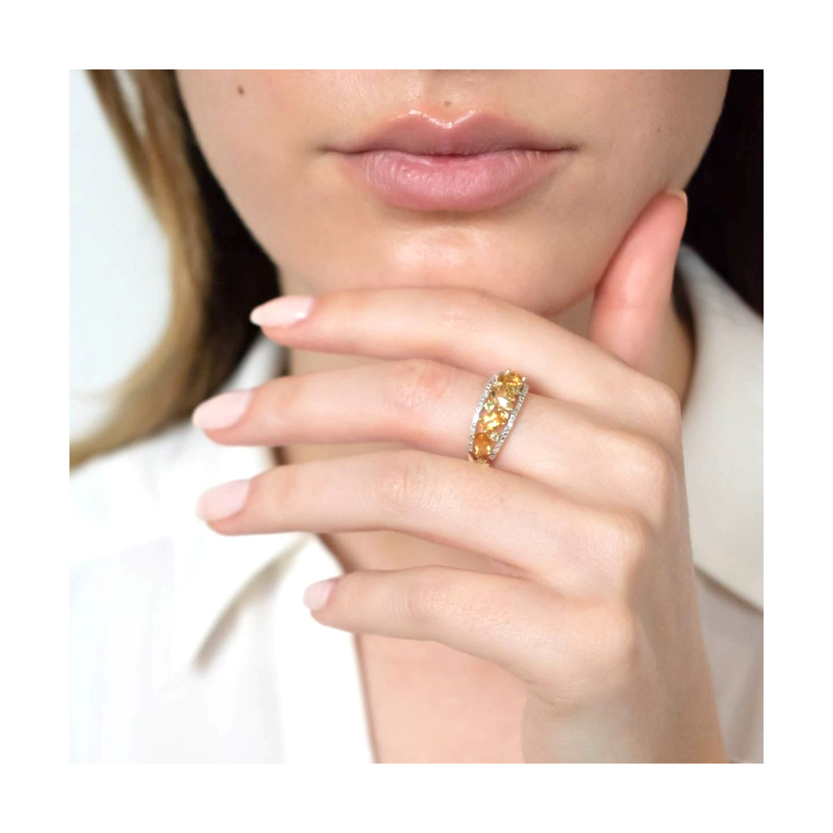 Bague Or Jaune "OLIVINES" Diamants 0,05 carat avec Péridot 0,14 carat/6 et Citrine 1,30 carat/5 Bague " Gabrielle" Or jaune et Multipierres