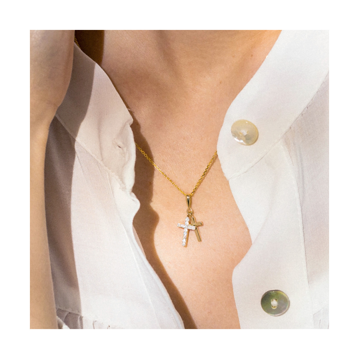 Pendentif "Croix Double" Or jaune et Diamant