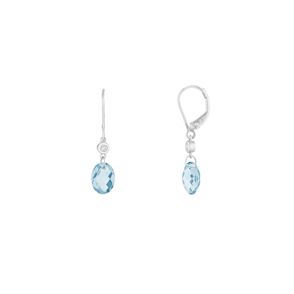 Boucles d'oreilles en Or Blanc Serties de 2 diamants de pureté P1 et de topaze bleue Boucles d'oreilles "Tamara" Or blanc et Topaze