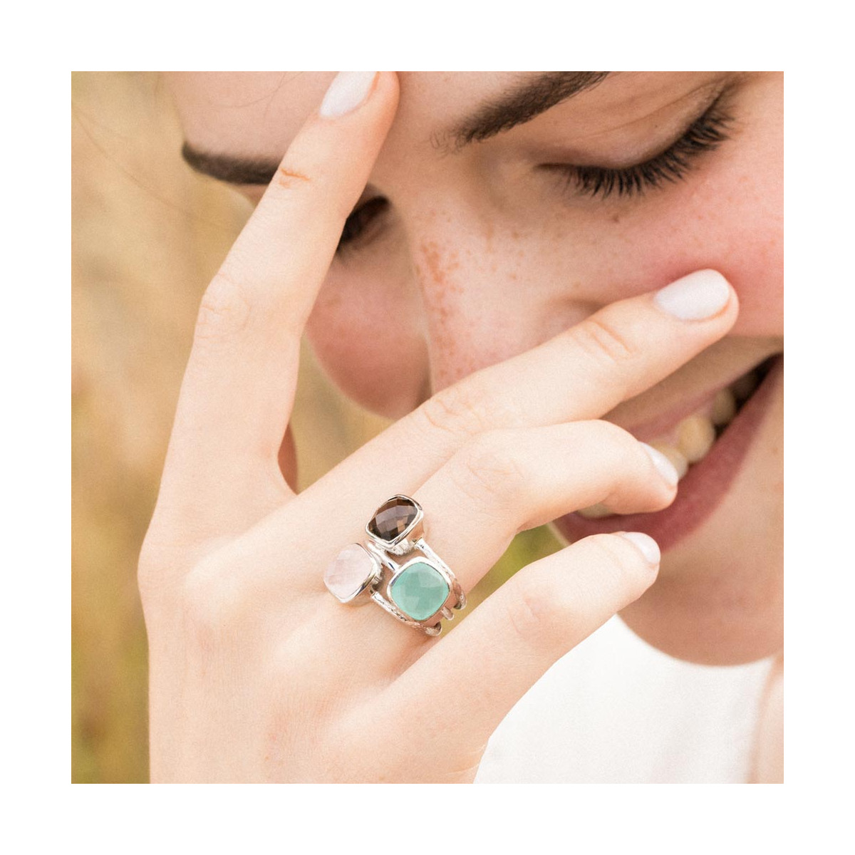 Bague doré "Elsa" Acqua Calci Bague "Cyclique" Quartz rose, Aqua Calci et Quartz fumé Laiton doré