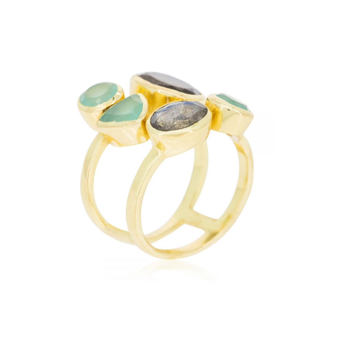 Bague doré "Tatiana" Labradorite et Aqua Calci Bague "Fractale" Labradorite et Aqua Calci Laiton doré