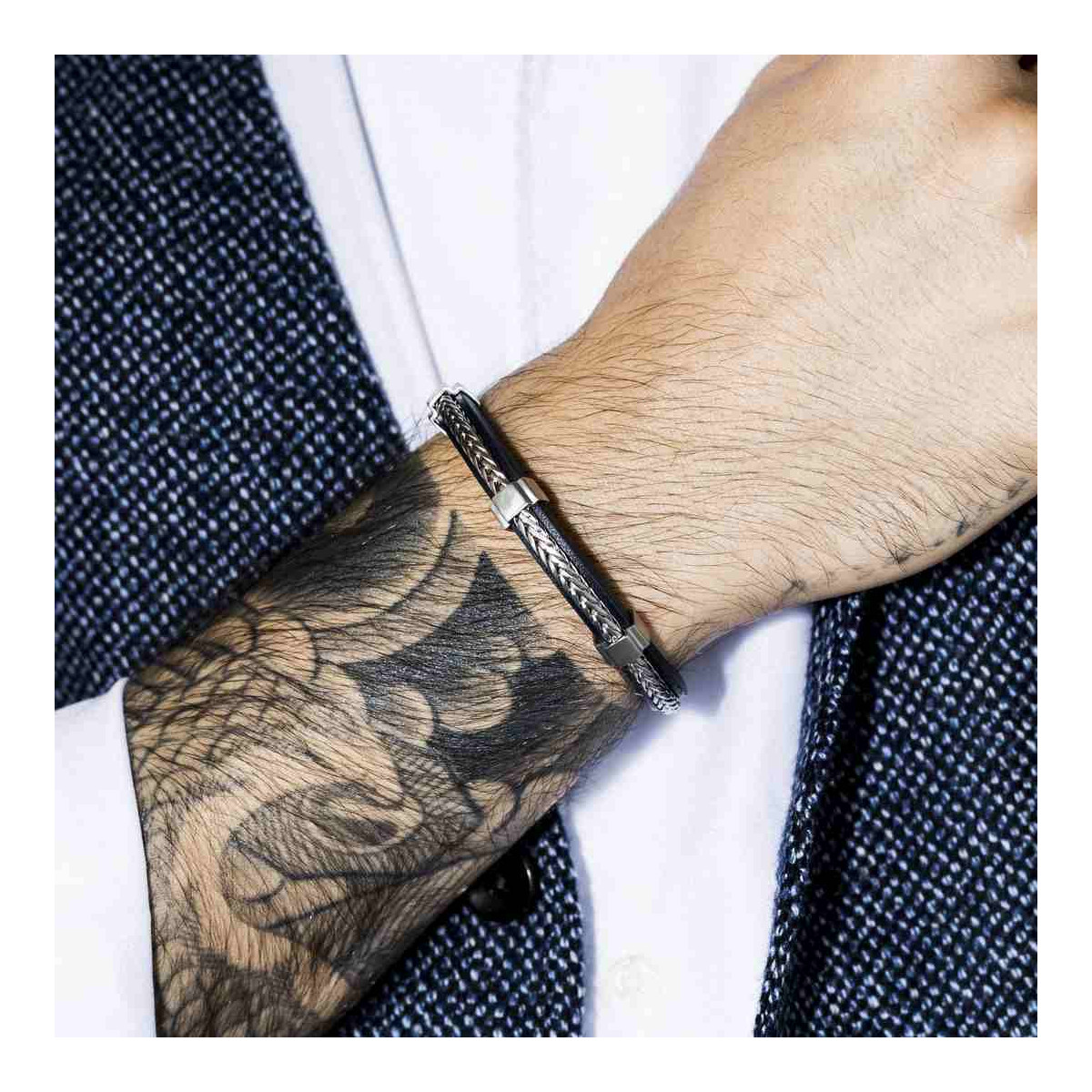 Bracelet Ajustable Cuir Bleu Et Acier "Zohir" - Rockstone Bracelet Homme ajustable cuir bleu et acier "Thalys"