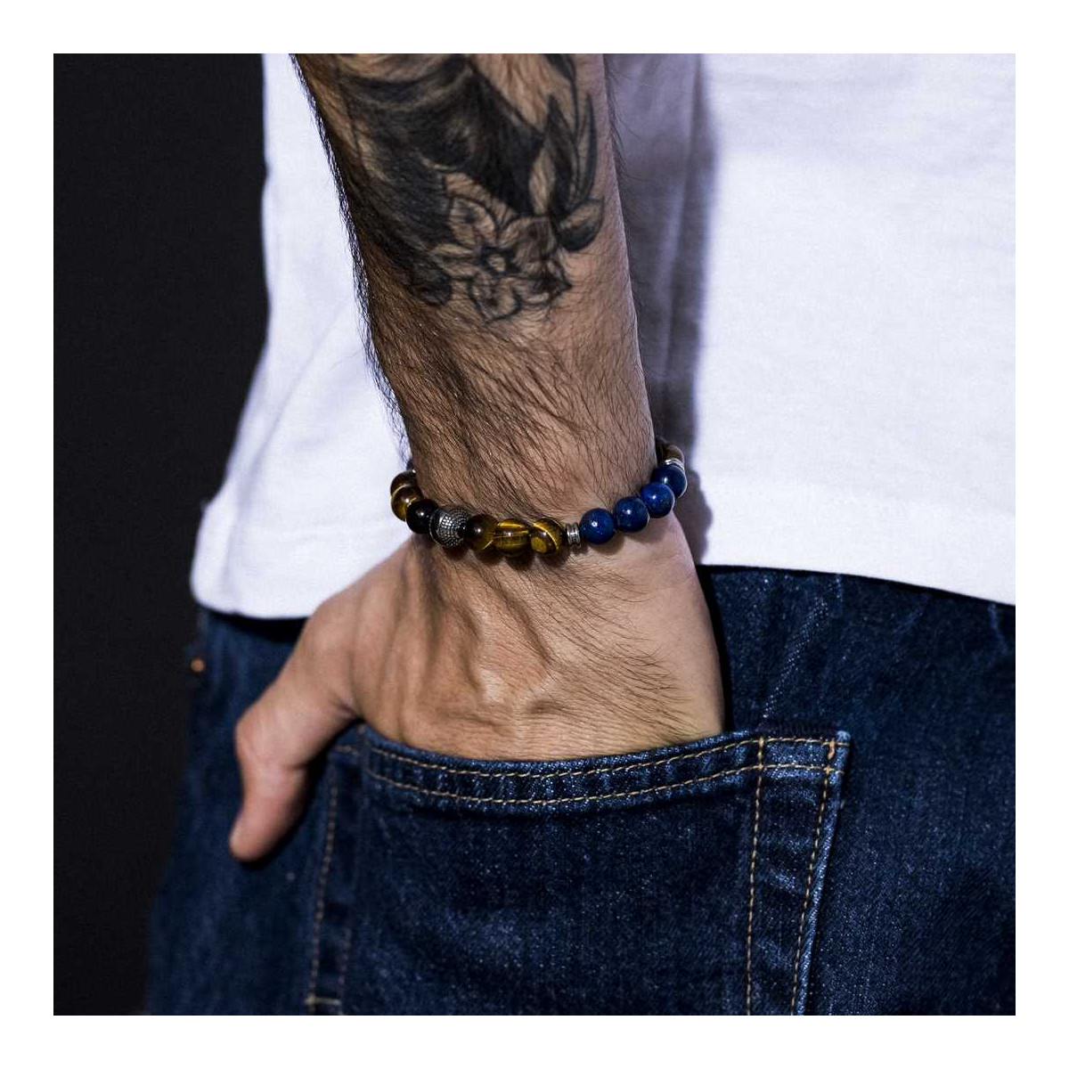 Bracelet Homme perles lapis et oeil de tigre"Venor" Taille M