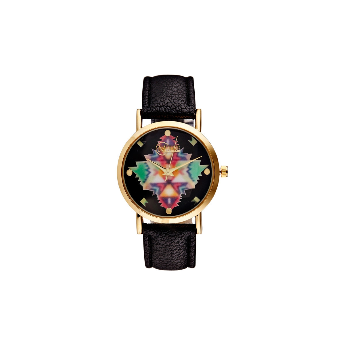 Muse - Montre Femme doré, grand motif multicolore "Manille" - bracelet noir