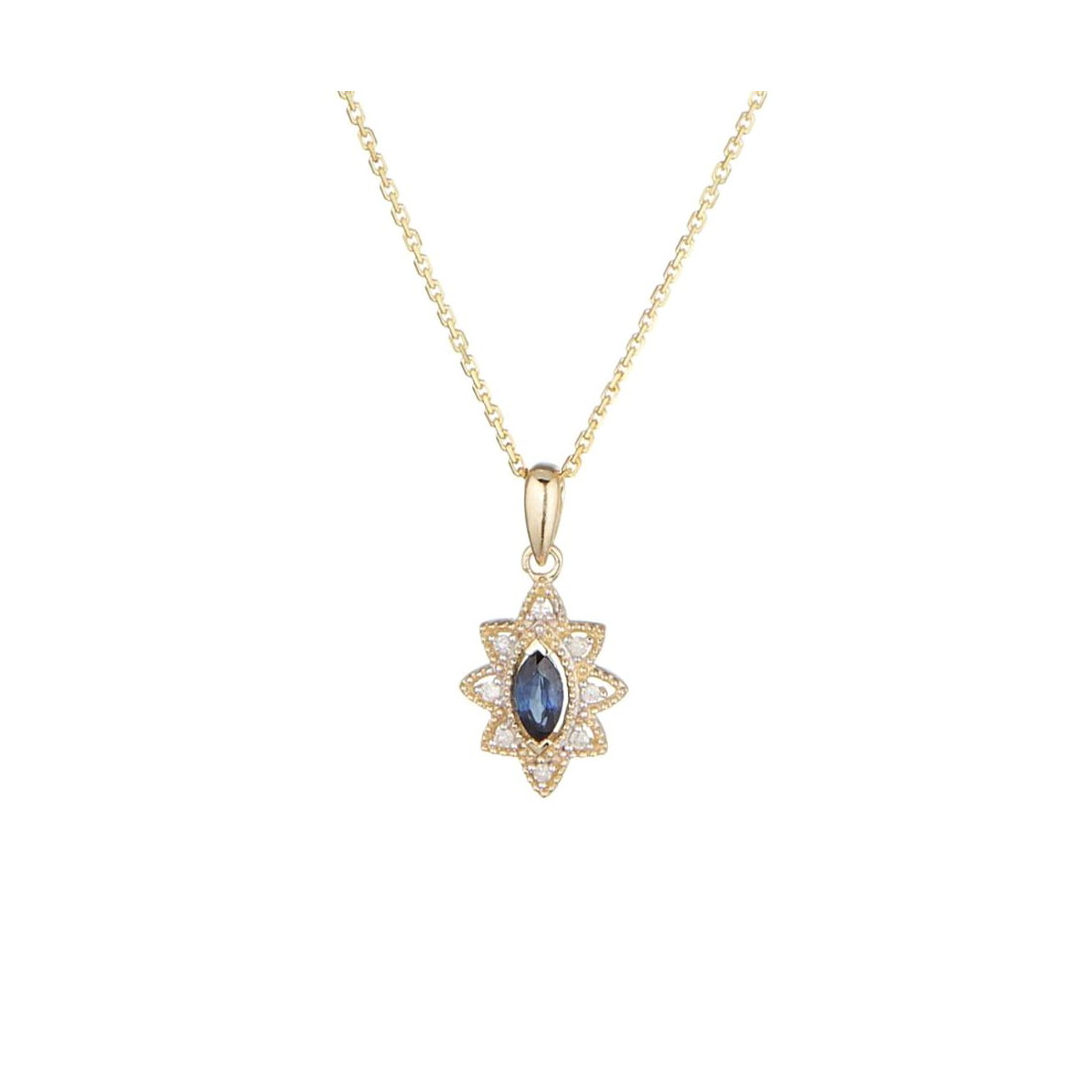 Pendentif enor jaune 9k, serti de 2 saphirs 0,21 et 8 diamants HP1 0,044 carat Pendentif "Hestia" Or jaune et Saphir