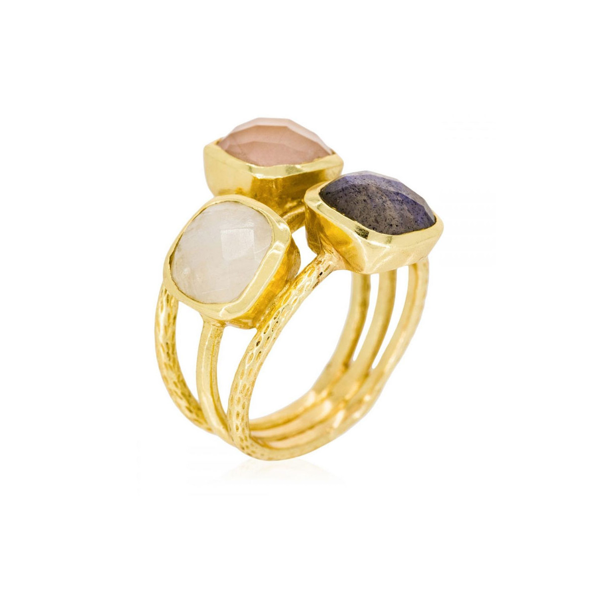 Bague doré "Elsa" Quartz rose, Pierre de lune et labradorite Bague "Cyclique" Quartz rose, Pierre de lune et labradorite Laiton doré