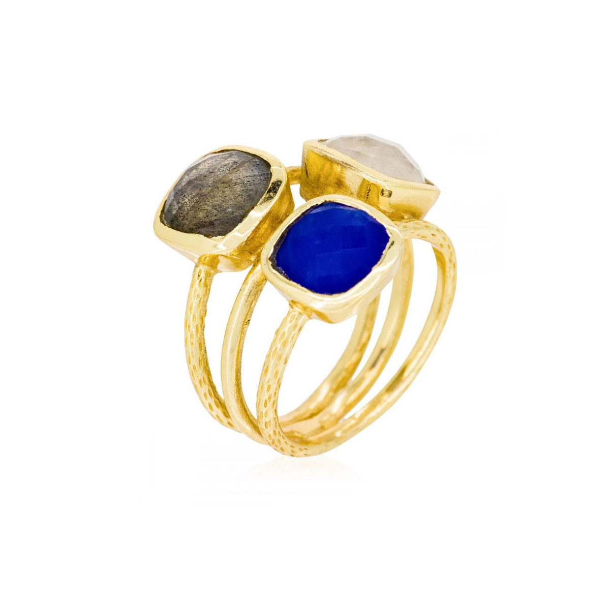 Bague "Cyclique" Jade et Labradorite et Pierre de lune Laiton doré
