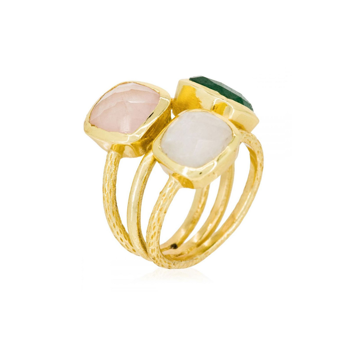 Bague dorée "Elsa" Aventurine verte, Quartz rose et Pierre de lune