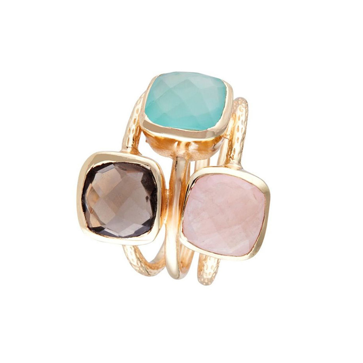 Bague doré "Elsa" Acqua Calci Bague "Cyclique" Quartz rose, Aqua Calci et Quartz fumé Laiton doré