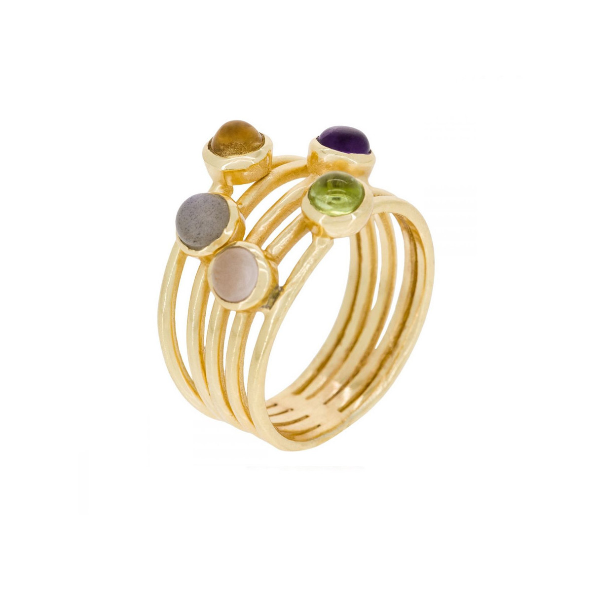 Bague "Fractal" Péridot, Labradorite, Citrine, Quartz rose, Améthyste Laiton doré