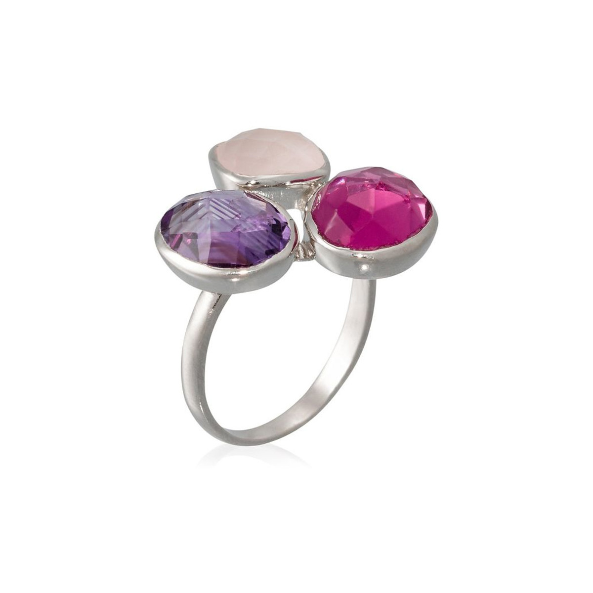 Bague argenté "Cassie Quartz" Bague "Equilibre" Quartz rose, Verre facetté violette et rose Laiton