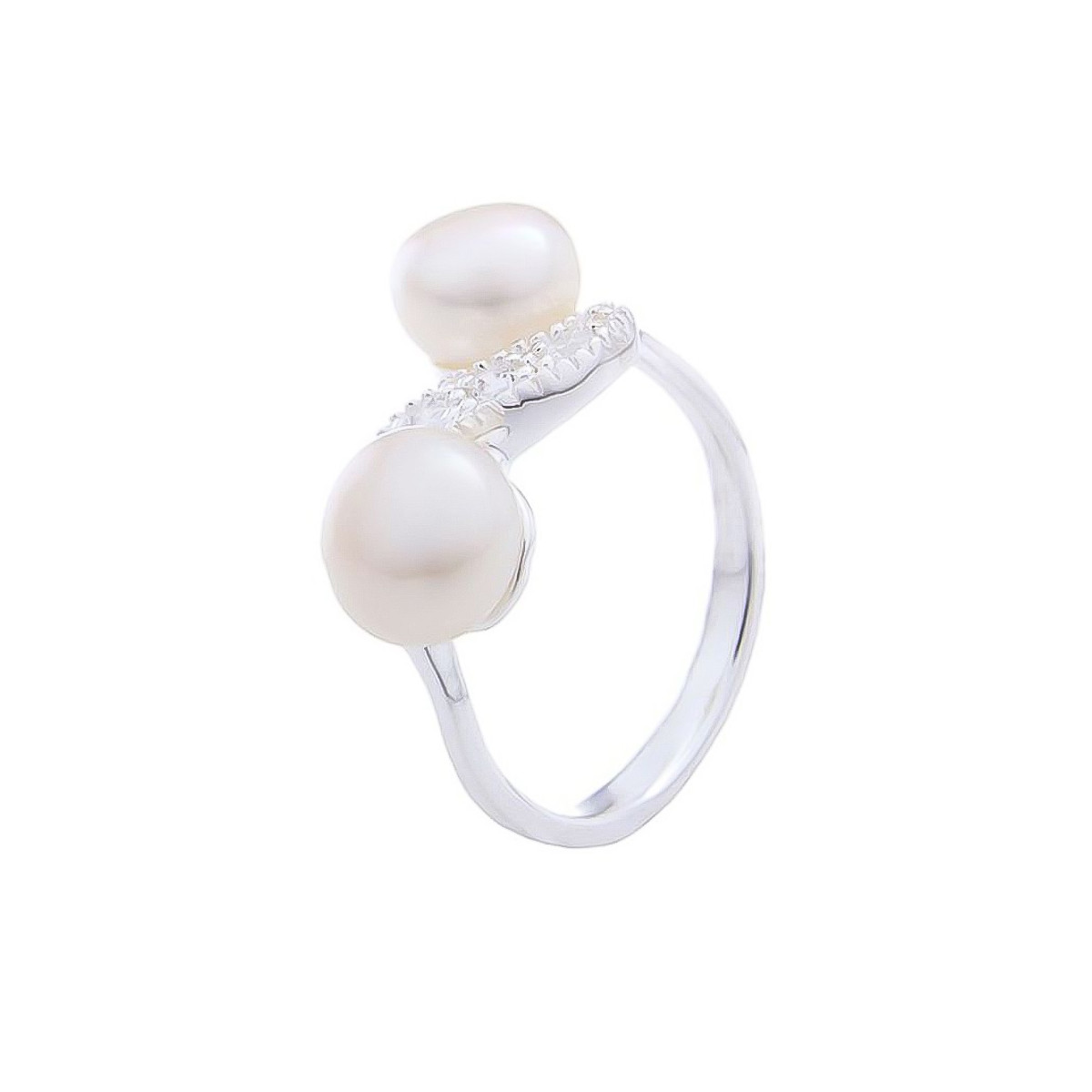 Bague argent, perles de culture Blanches et oxydes de zirconium "Duo"