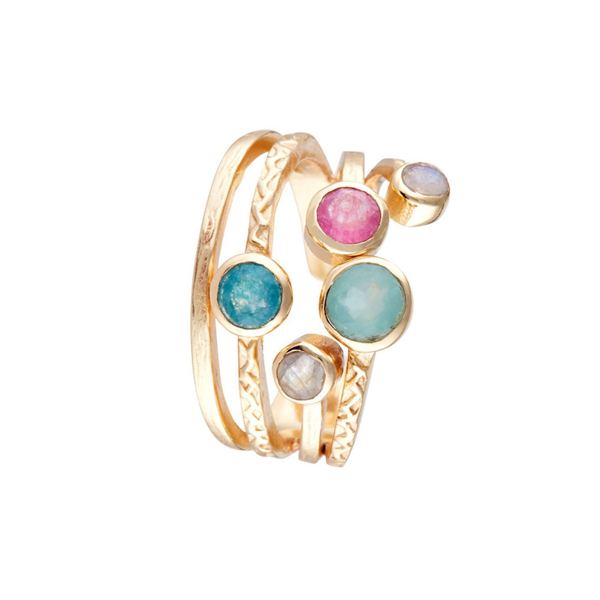 Bague ajustable Maelie doré montée d'une calcédoine, jade, pierre de lune multicouleurs et verre Bague Ajustable "Florus" Aqua Calci verte et Jade Laiton doré