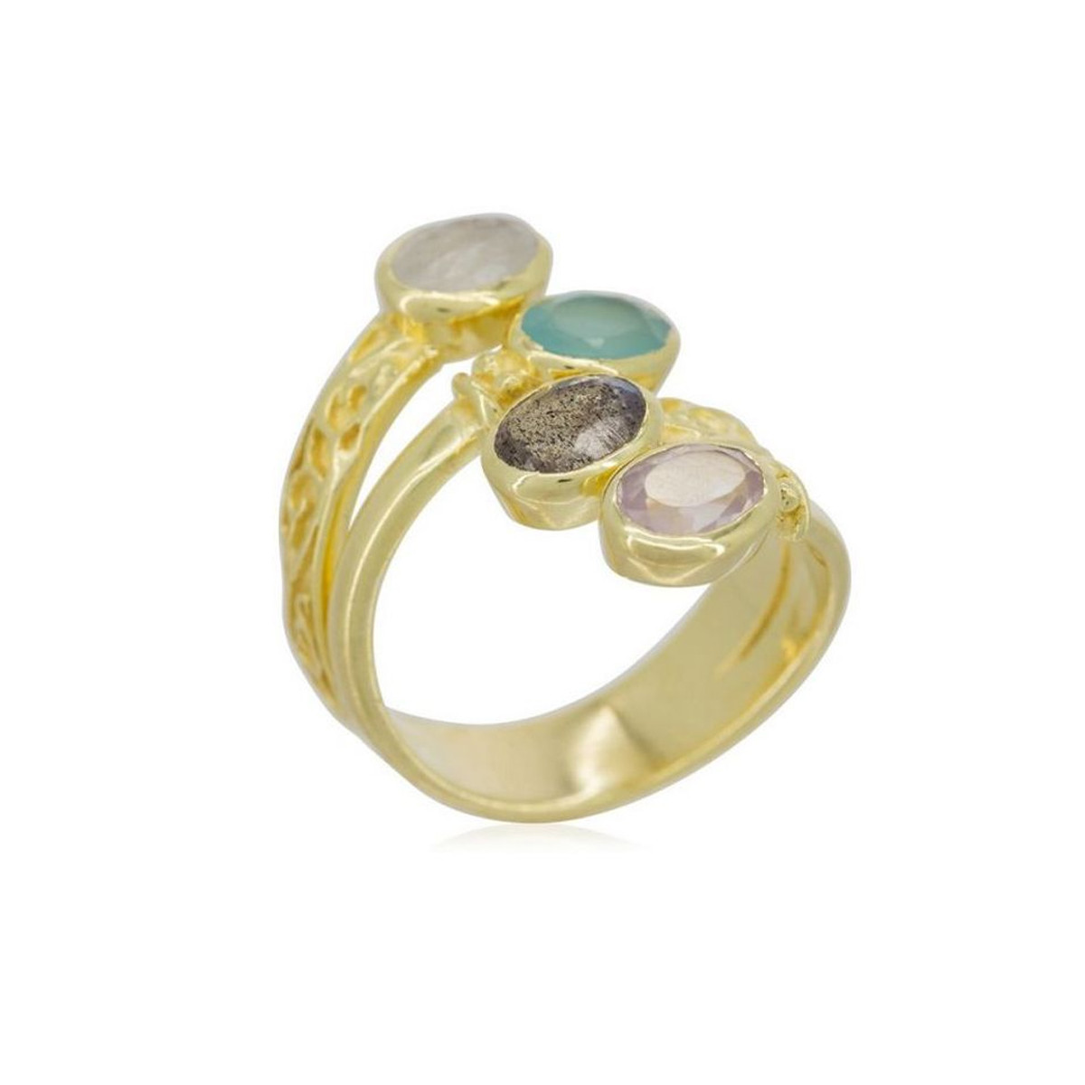 Bague ajustable doré "Zélie" multi pierres Bague ajustable "Cythère" Pierre de lune Aqua Calci Labradorite Quartz rose Laiton doré