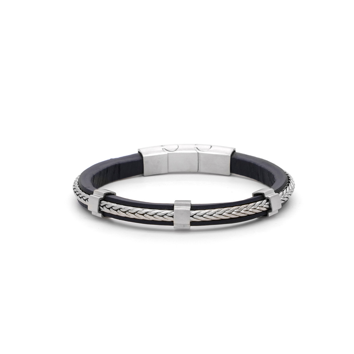 Bracelet ajustable cuir et acier "Zohir" Bracelet Homme ajustable cuir bleu et acier "Thalys"