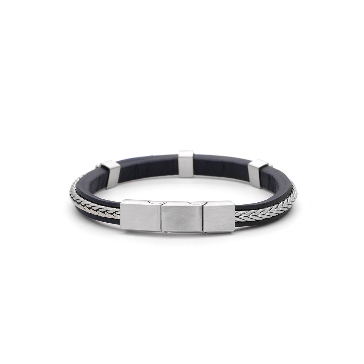 Bracelet ajustable cuir et acier "Zohir" Bracelet Homme ajustable cuir bleu et acier "Thalys"