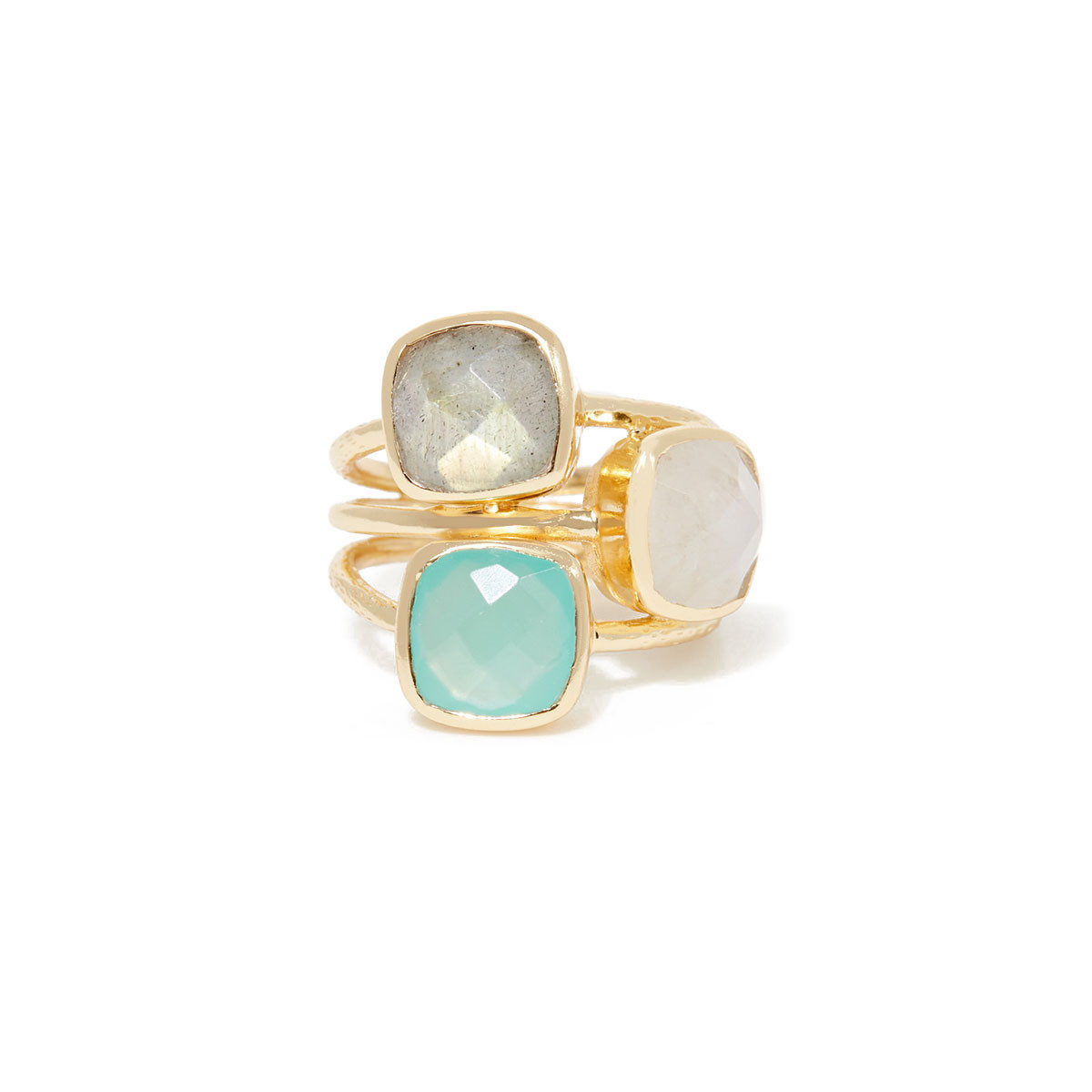 Bague "Elsa" Aqua Calci, Labradorite, Pierre de Lune Bague "Cyclique" Aqua Calci,Labradorite, Pierre de lune Laiton doré