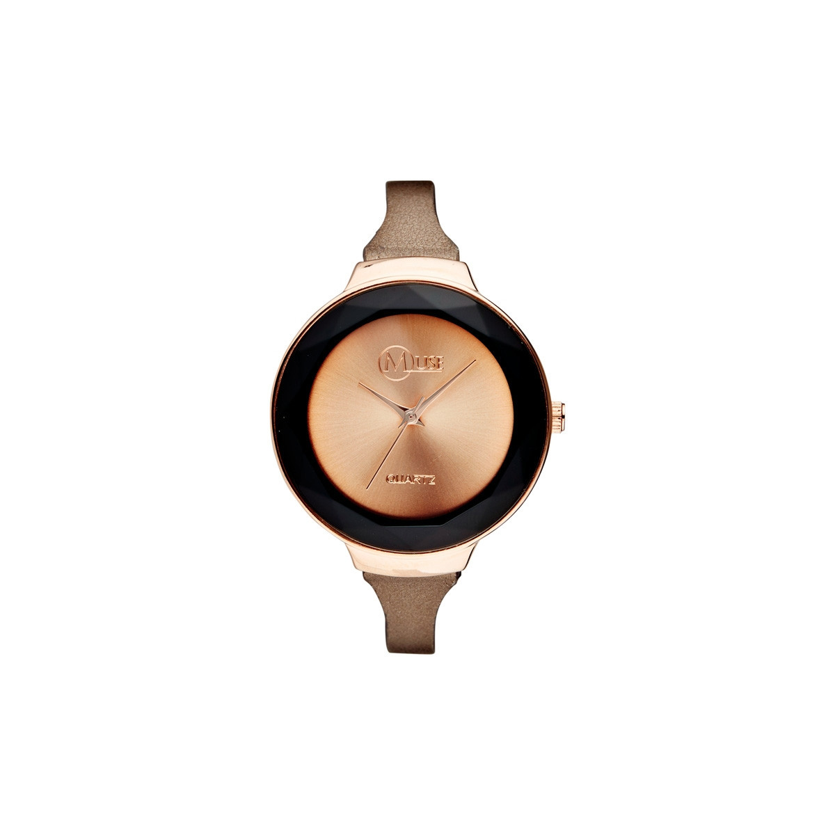 Muse - Montre Femme rosé "La facette" - bracelet cuir marron