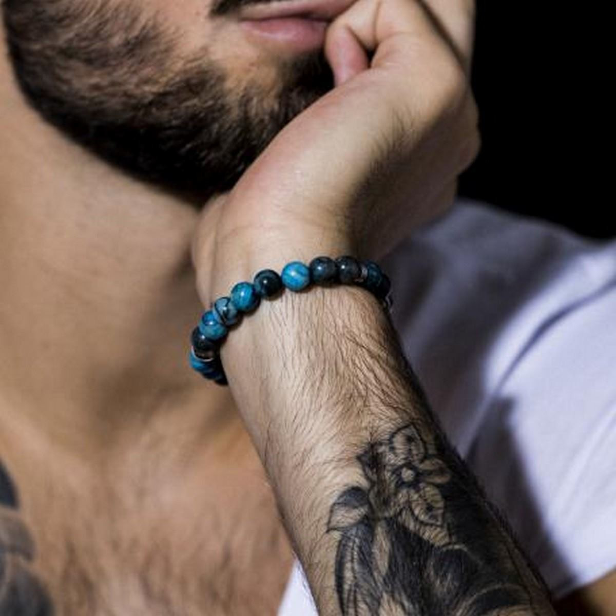 Bracelet Homme perles agate bleu"Halcyon"