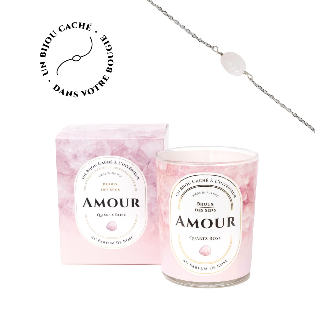 Amour - Bougie Fragrance Rose et Bracelet Argenté Quartz Rose