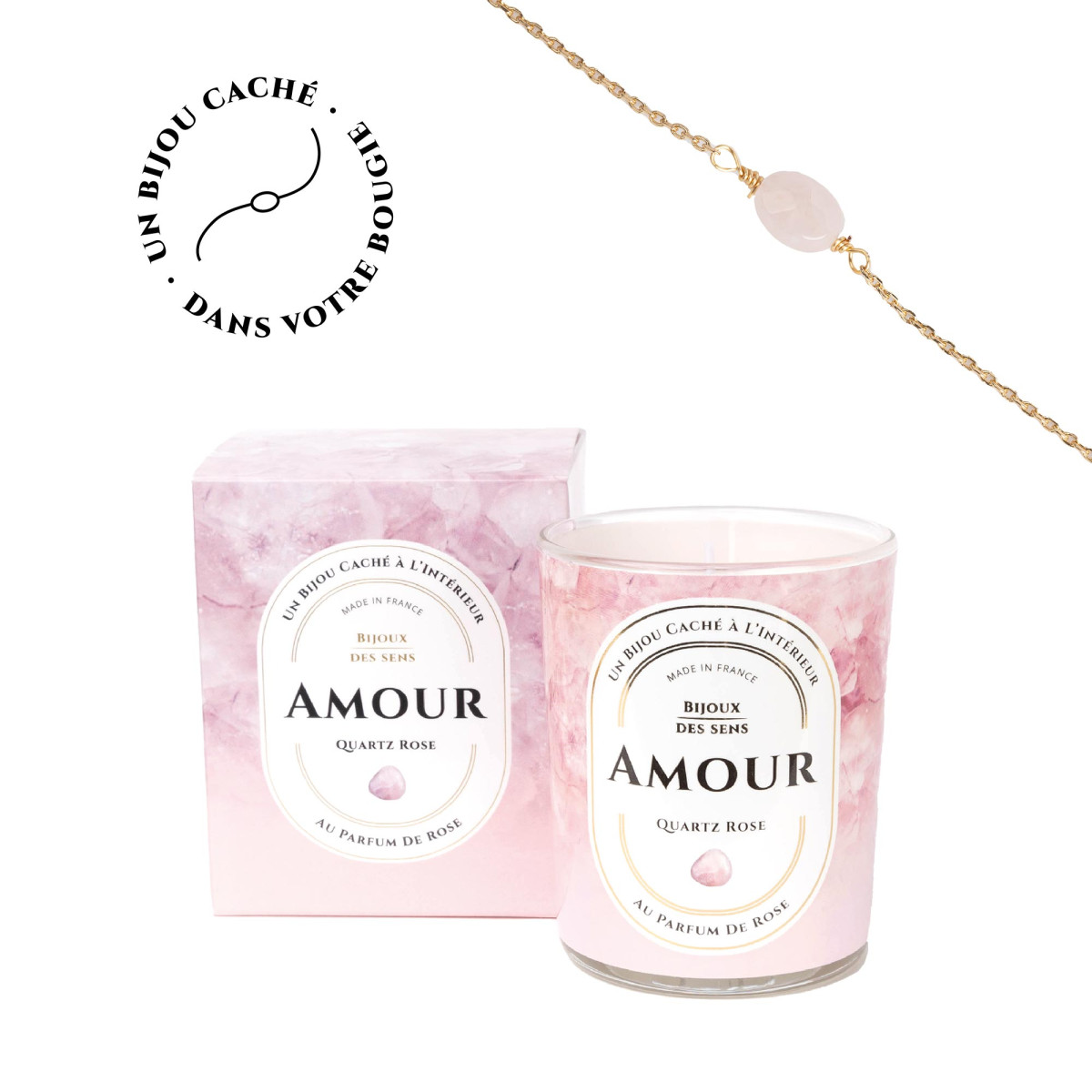 Amour - Bougie Fragrance Rose et Bracelet Doré Quartz Rose