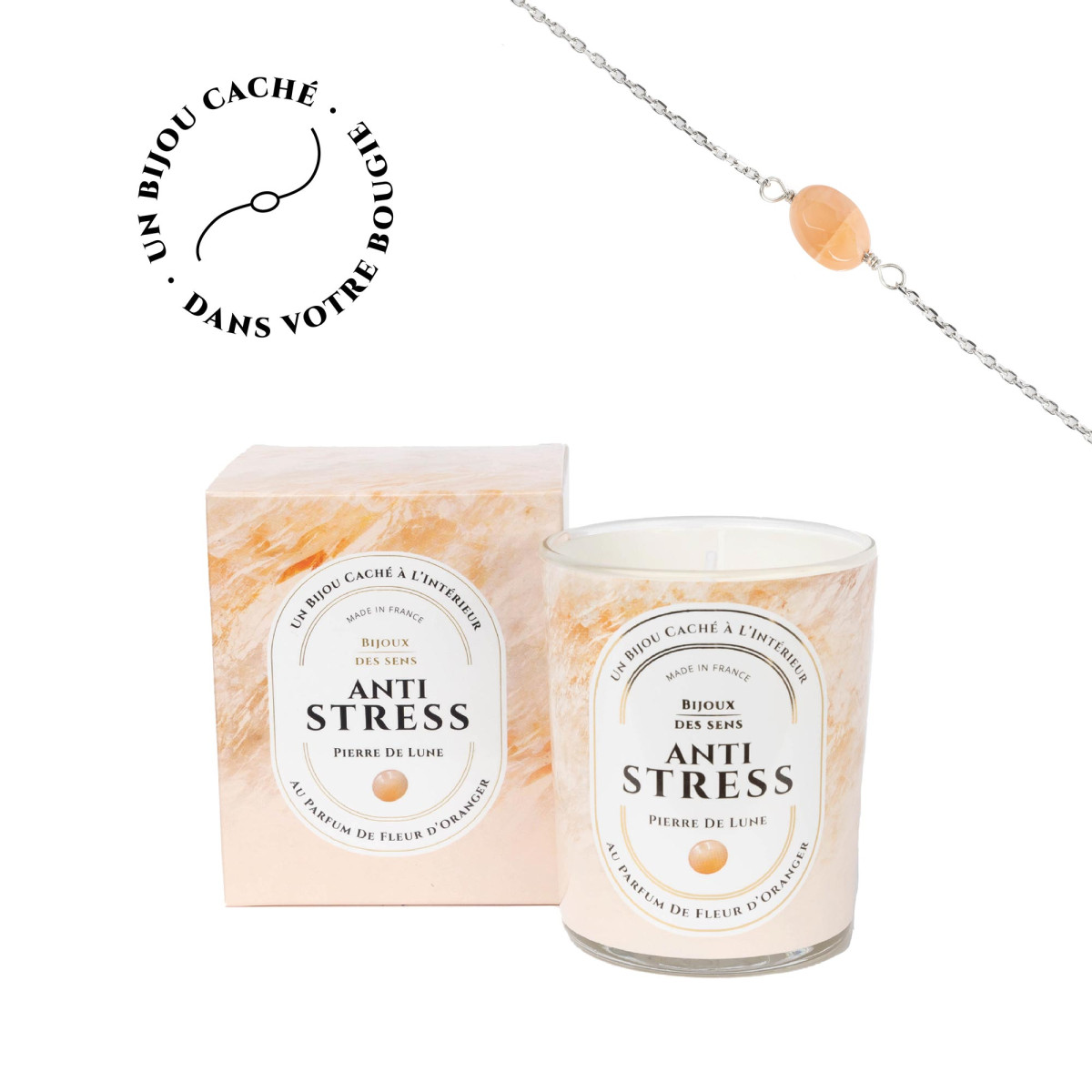 Anti-Stress - Bougie Frangance Fleur d'oranger et Bracelet Argenté Pierre de Lune Anti-Stress - Bougie Fragrance Fleur d'oranger et Bracelet Argenté Pierre de Lune