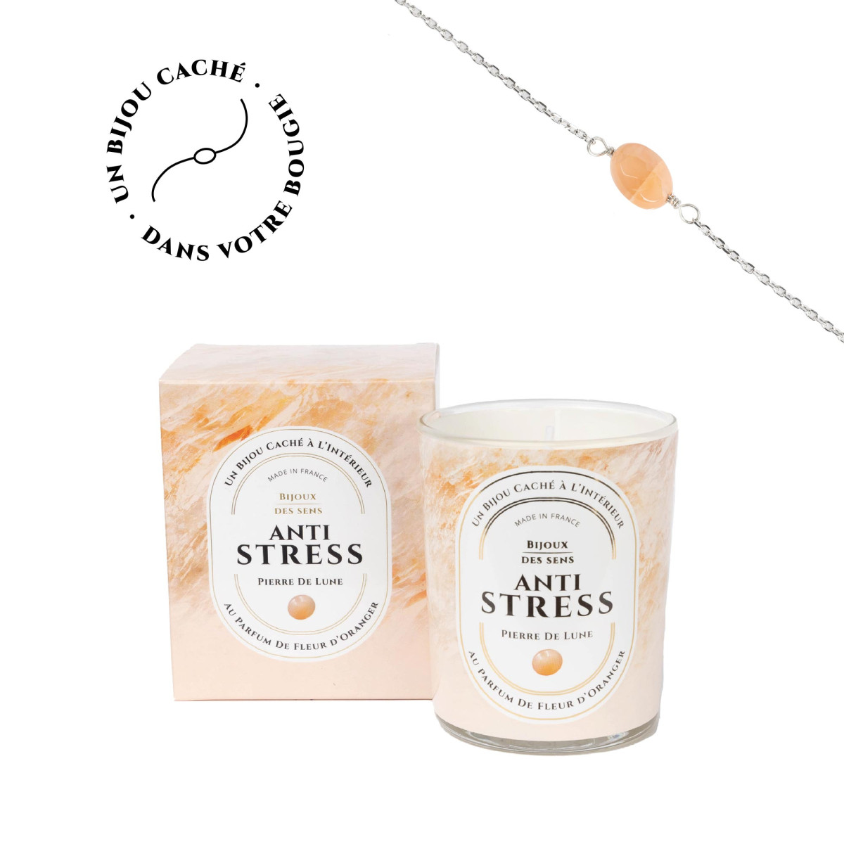 Anti-Stress - Bougie Fragrance Fleur d'oranger et Bracelet Argenté Pierre de Lune