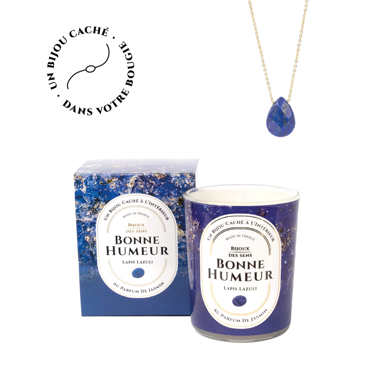 Bonne Humeur - Bougie Frangance Jasmin et Collier Doré Lapis Lazuli Bonne Humeur - Bougie Fragrance Jasmin et Collier Doré Lapis Lazuli