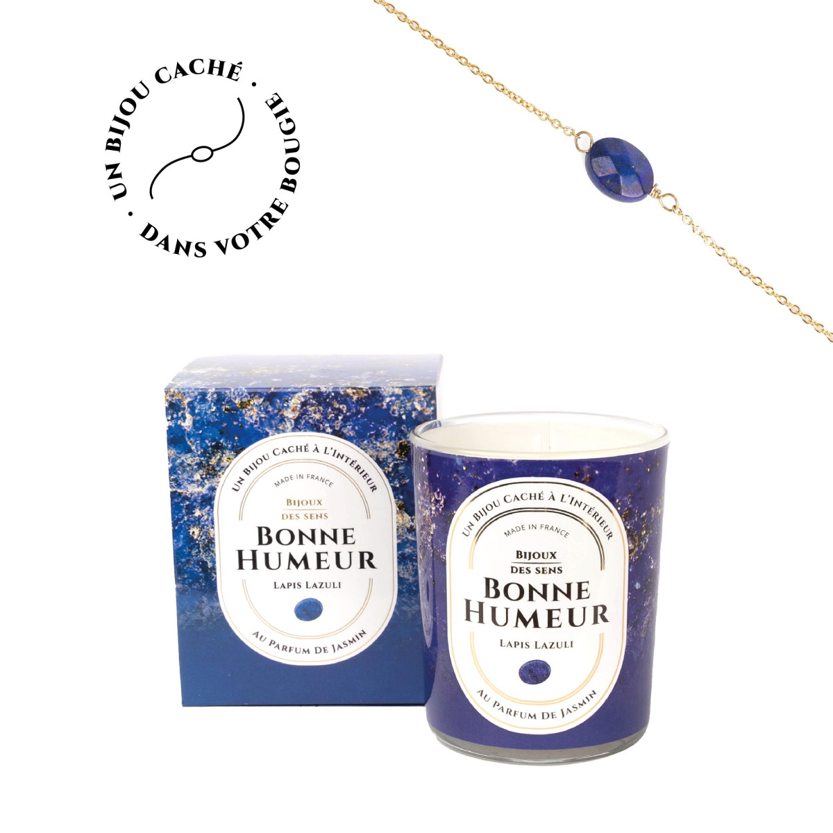Bonne Humeur - Bougie Fragrance Jasmin et Bracelet Doré Lapis Lazuli