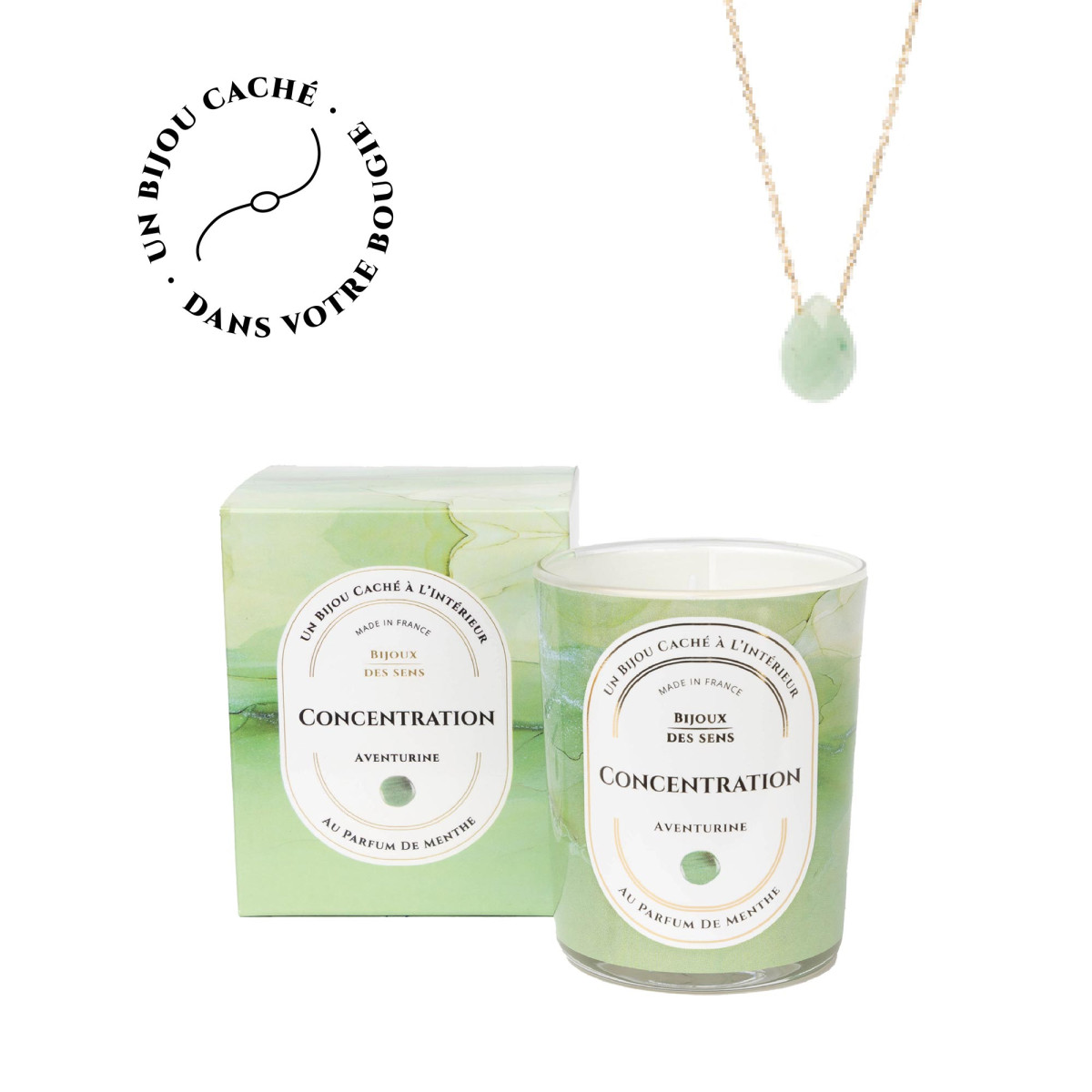 Concentration - Bougie Frangance Menthe et Collier Doré Aventurine Concentration - Bougie Fragrance Menthe et Collier Doré Aventurine