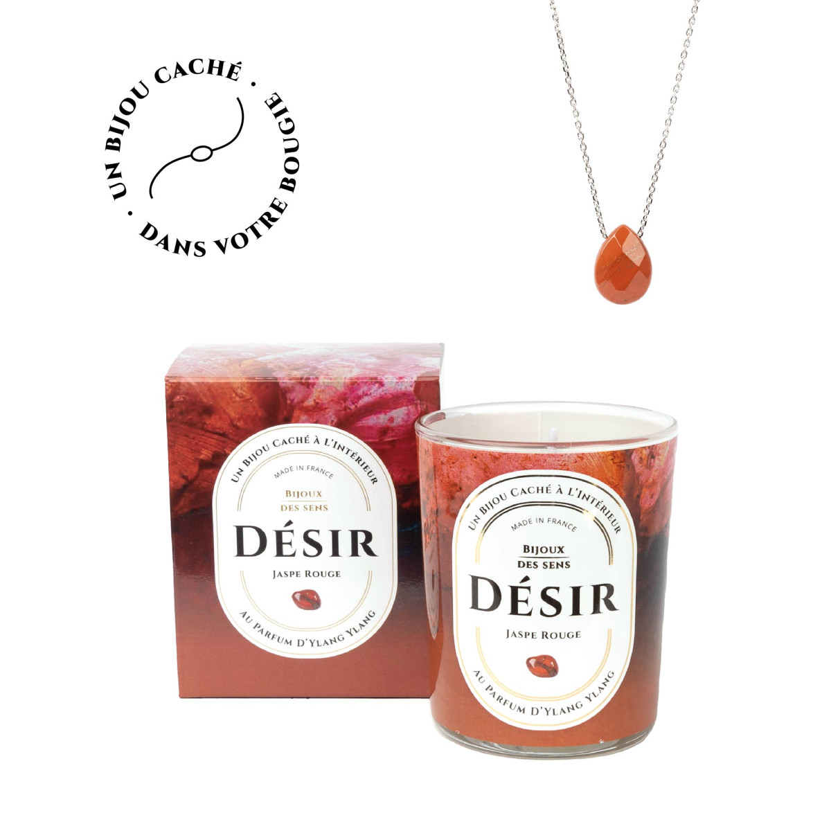 Désir - Bougie Fragrance Ylan Ylang et Collier Argenté Jaspe Rouge