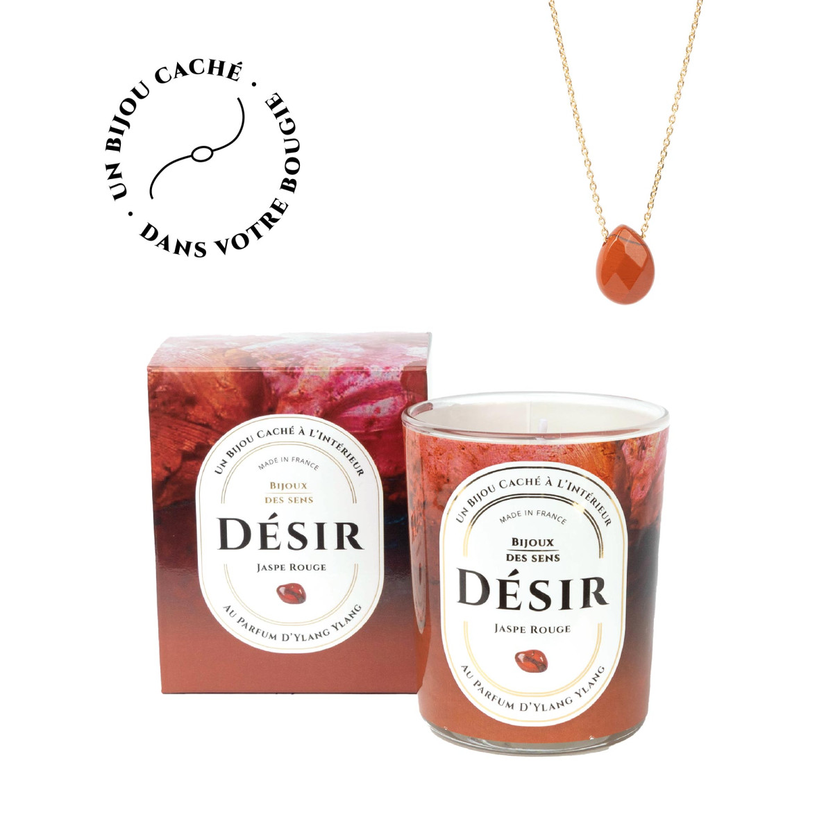 Désir - Bougie Fragrance Ylan Ylang et Collier Doré Jaspe Rouge