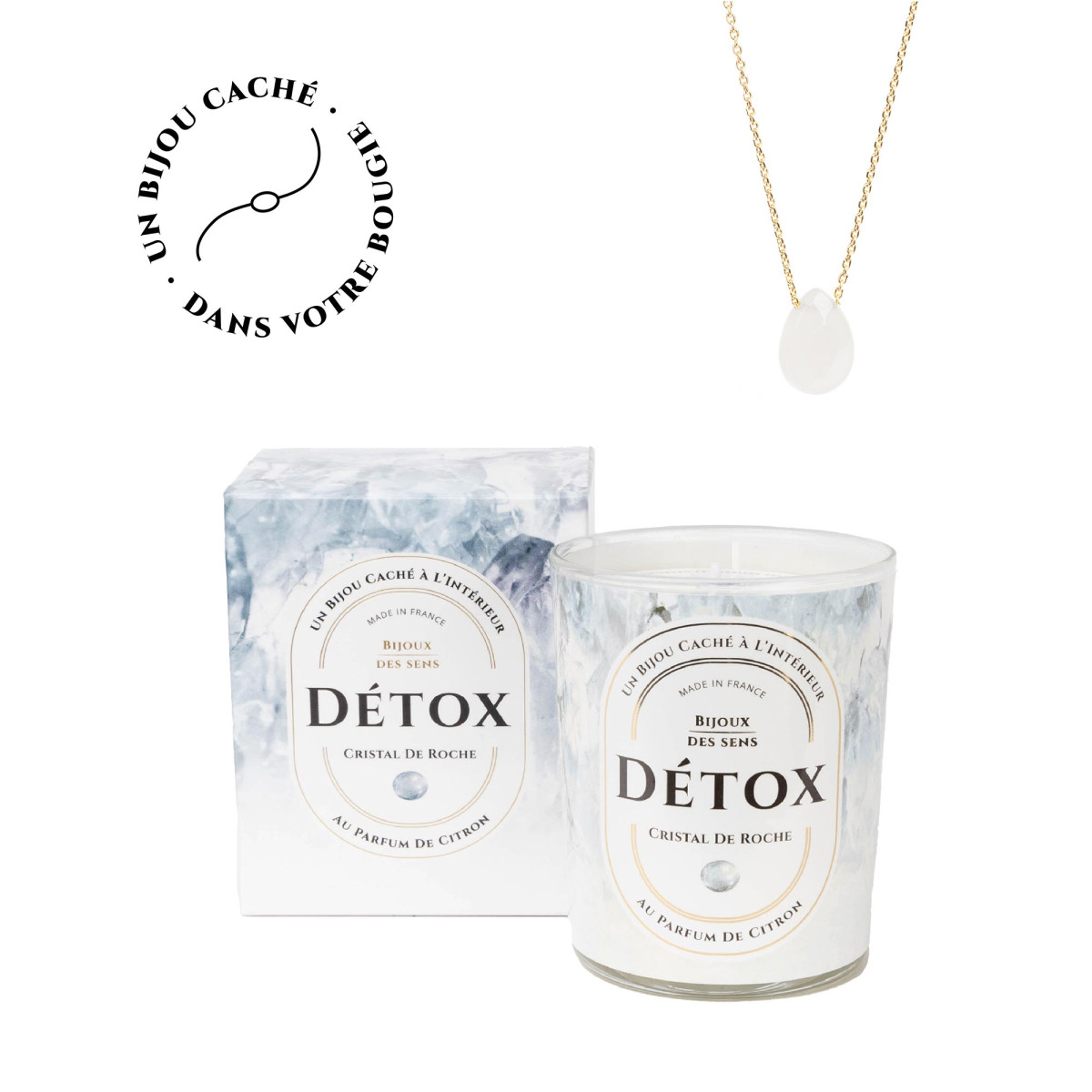 Detox - Bougie Fragrance Citron et Collier Doré Crystal De Roche