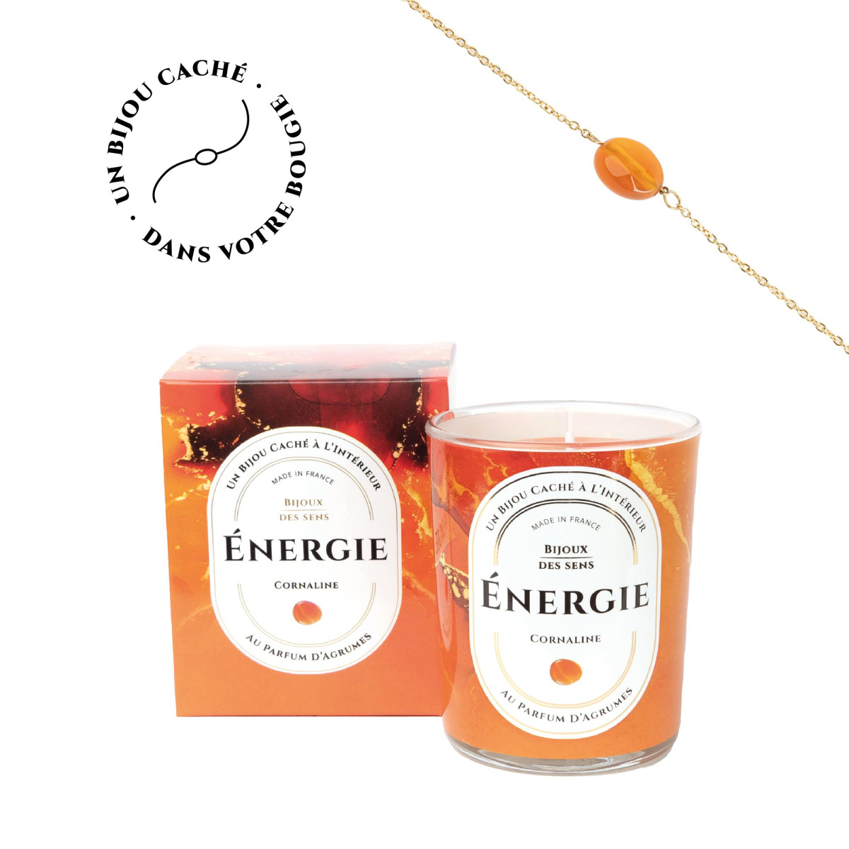 Energie - Bougie Fragrance Agrume et Bracelet Doré Cornaline