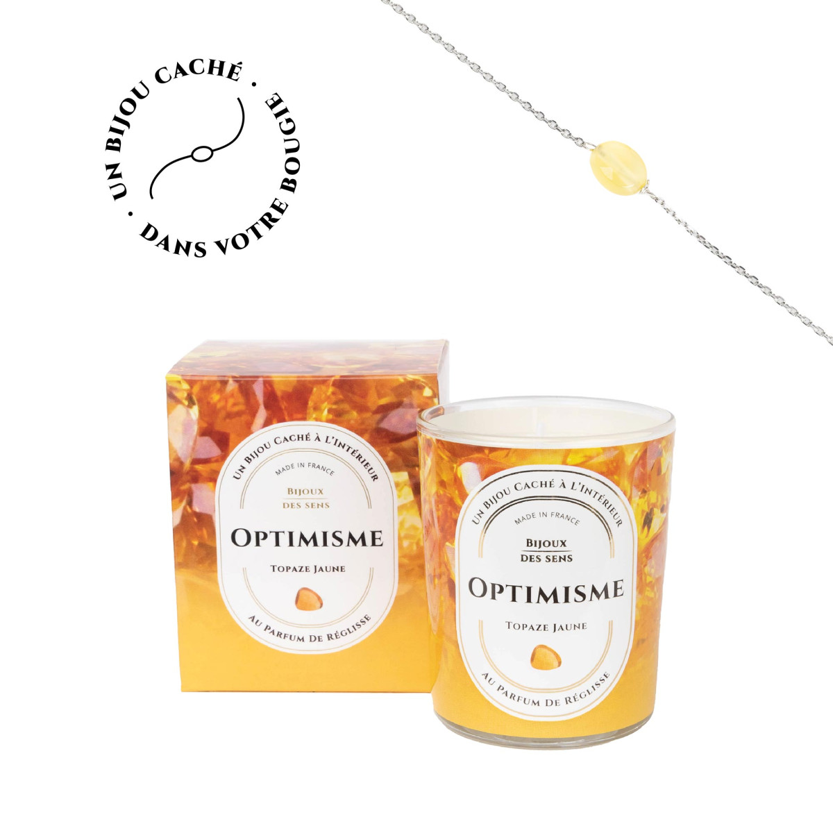 Optimisme - Bougie Fragrance Reglisse et Bracelet Argenté Topaze Jaune