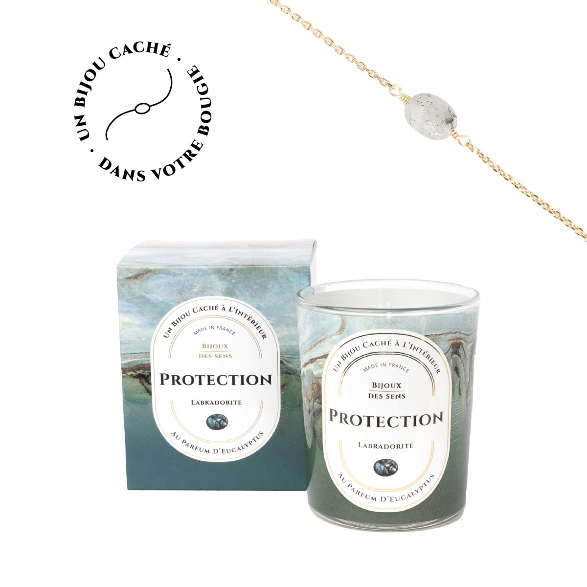 Protection - Bougie Fragrance Eucalyptus et Bracelet Doré Labradorite
