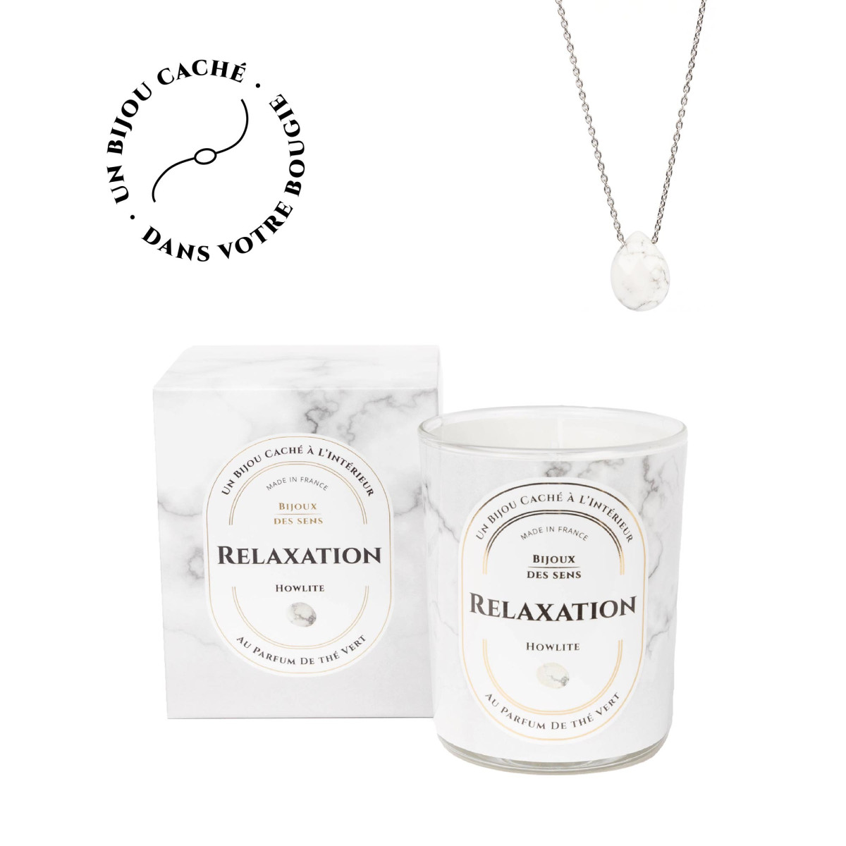 Relaxation - Bougie Frangance The Vert et Collier Argenté Howlite Relaxation - Bougie Fragrance The Vert et Collier Argenté Howlite
