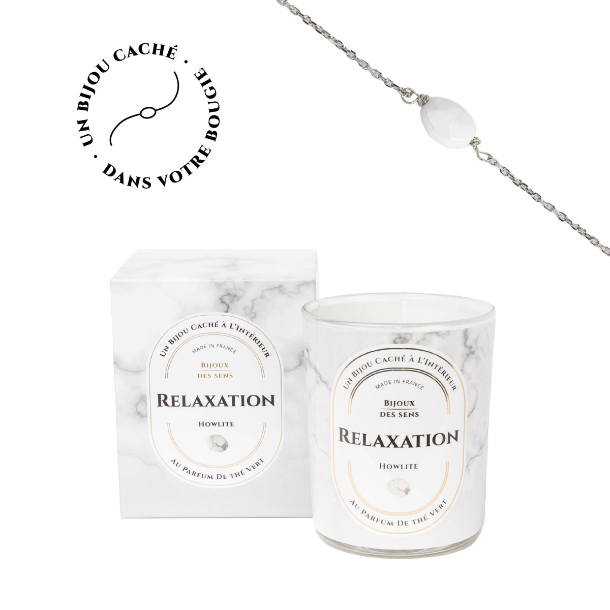 Relaxation - Bougie Fragrance The Vert et Bracelet Argenté Howlite