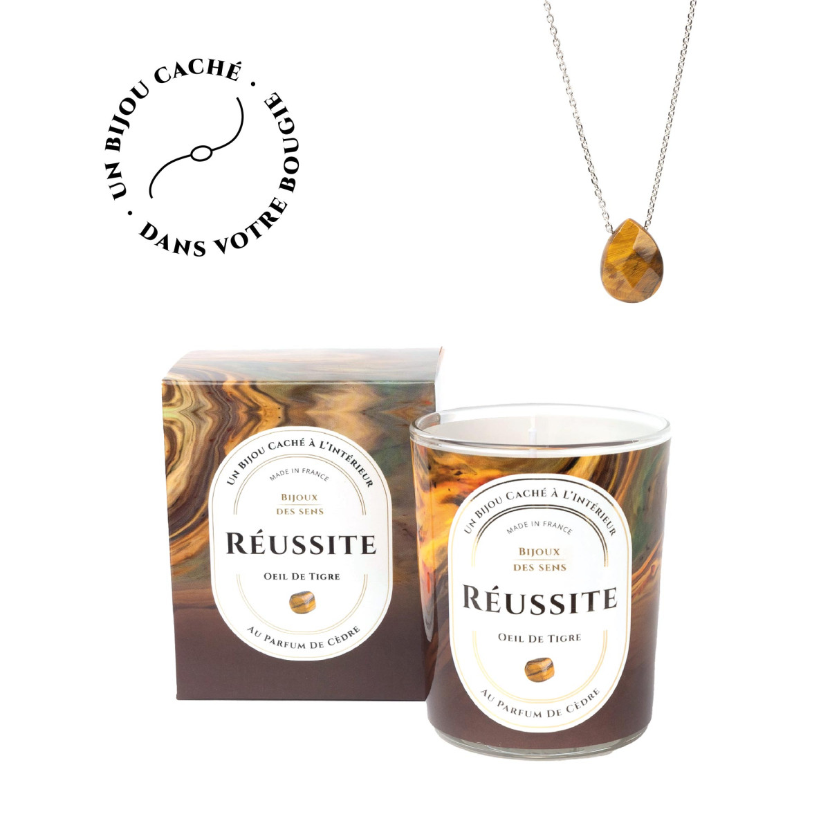 Réussite - Bougie Frangance Cedre et Collier Argenté Œil De Tigre Réussite - Bougie Fragrance Cedre et Collier Argenté Œil De Tigre