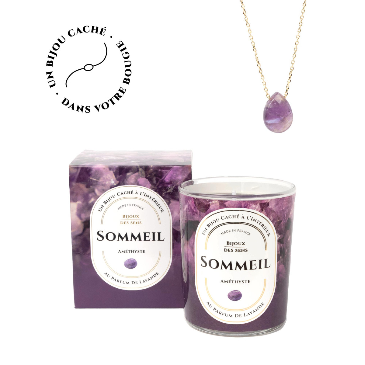Sommeil - Bougie Frangance Lavande et Collier Doré Améthyste Sommeil - Bougie Fragrance Lavande et Collier Doré Améthyste