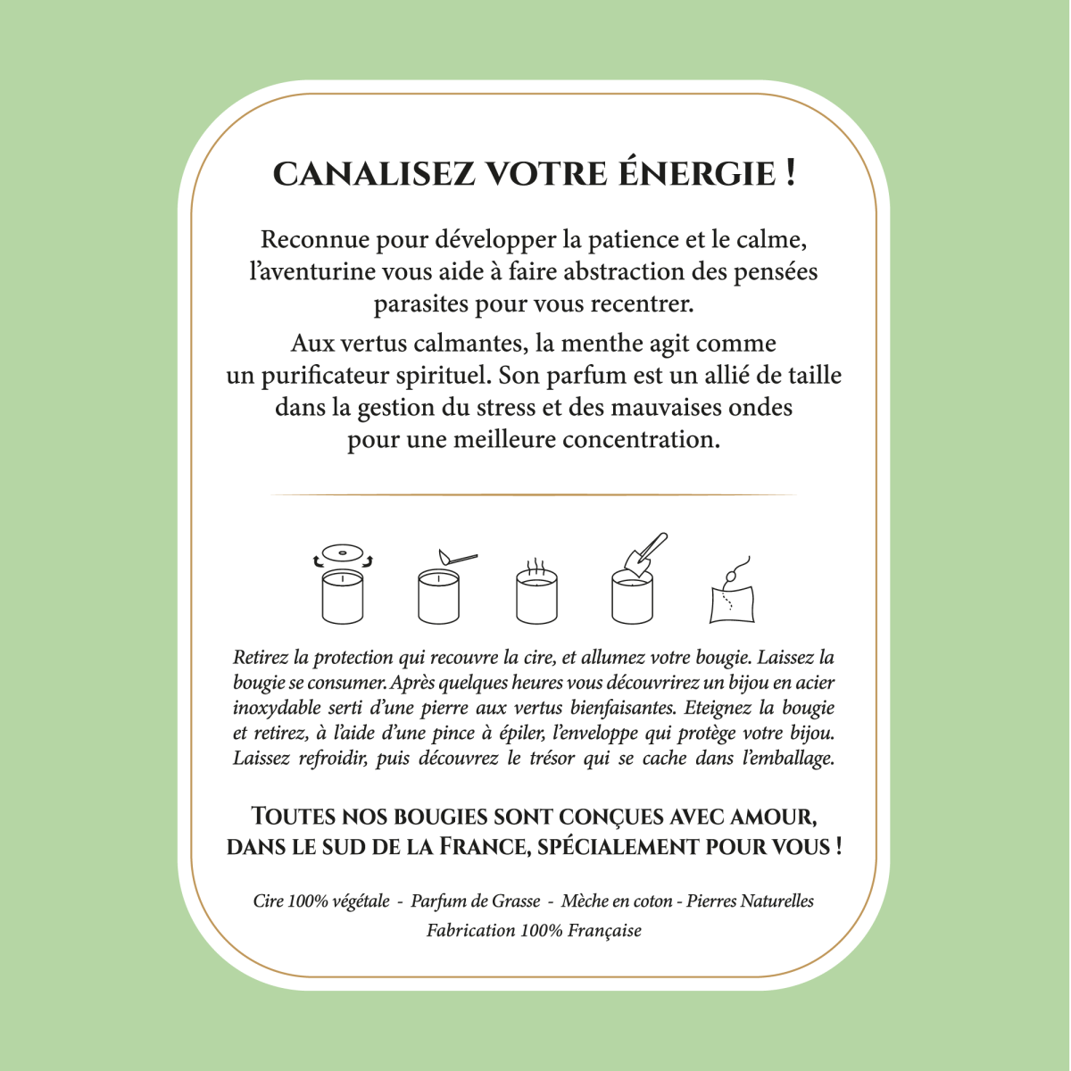 Concentration - Bougie Frangance Menthe et Collier Doré Aventurine Concentration - Bougie Fragrance Menthe et Collier Doré Aventurine