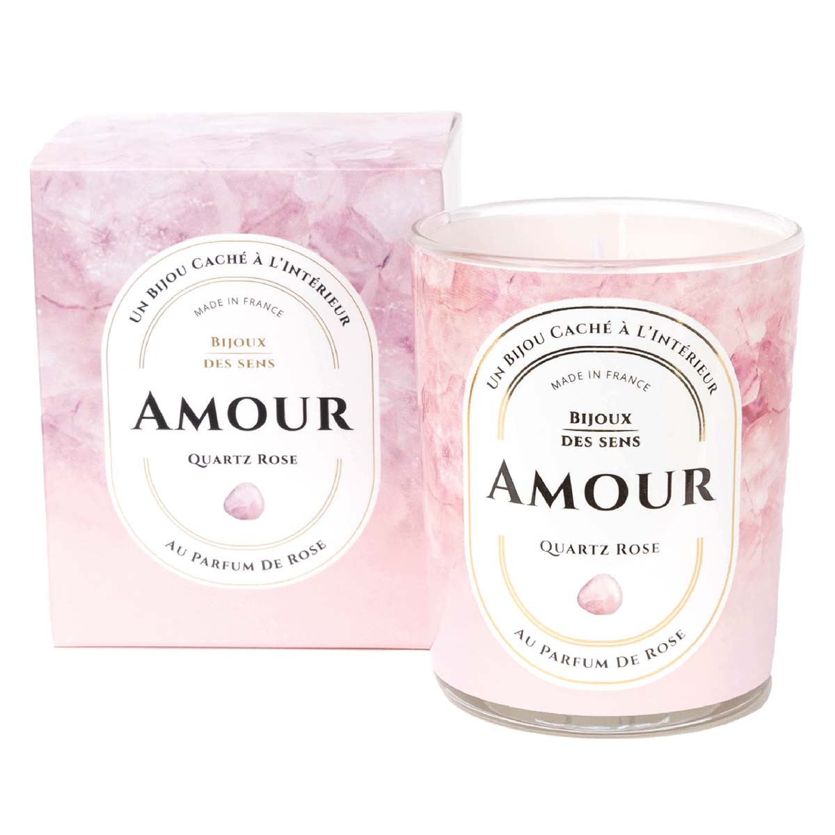 Amour - Bougie Fragrance Rose et Bracelet Doré Quartz Rose