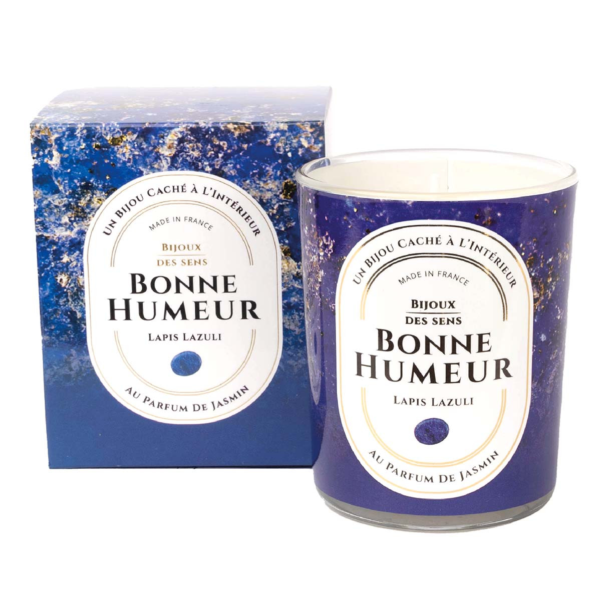 Bonne Humeur - Bougie Fragrance Jasmin et Collier Doré Lapis Lazuli Bonne Humeur - Bougie Fragrance Jasmin et Collier Doré Lapis Lazuli
