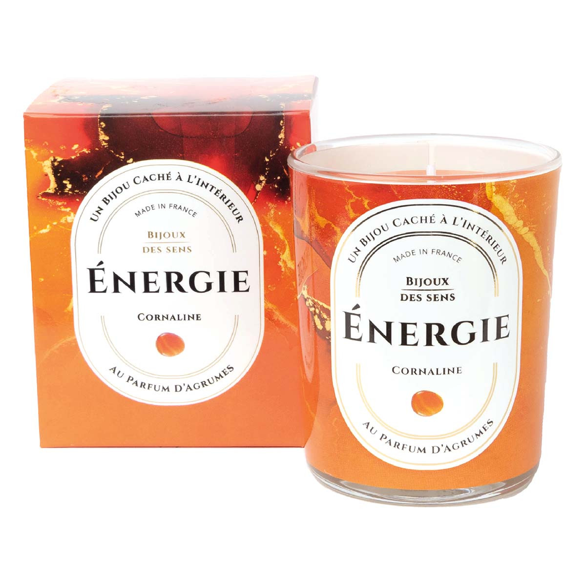 Energie - Bougie Fragrance Agrume et Bracelet Doré Cornaline