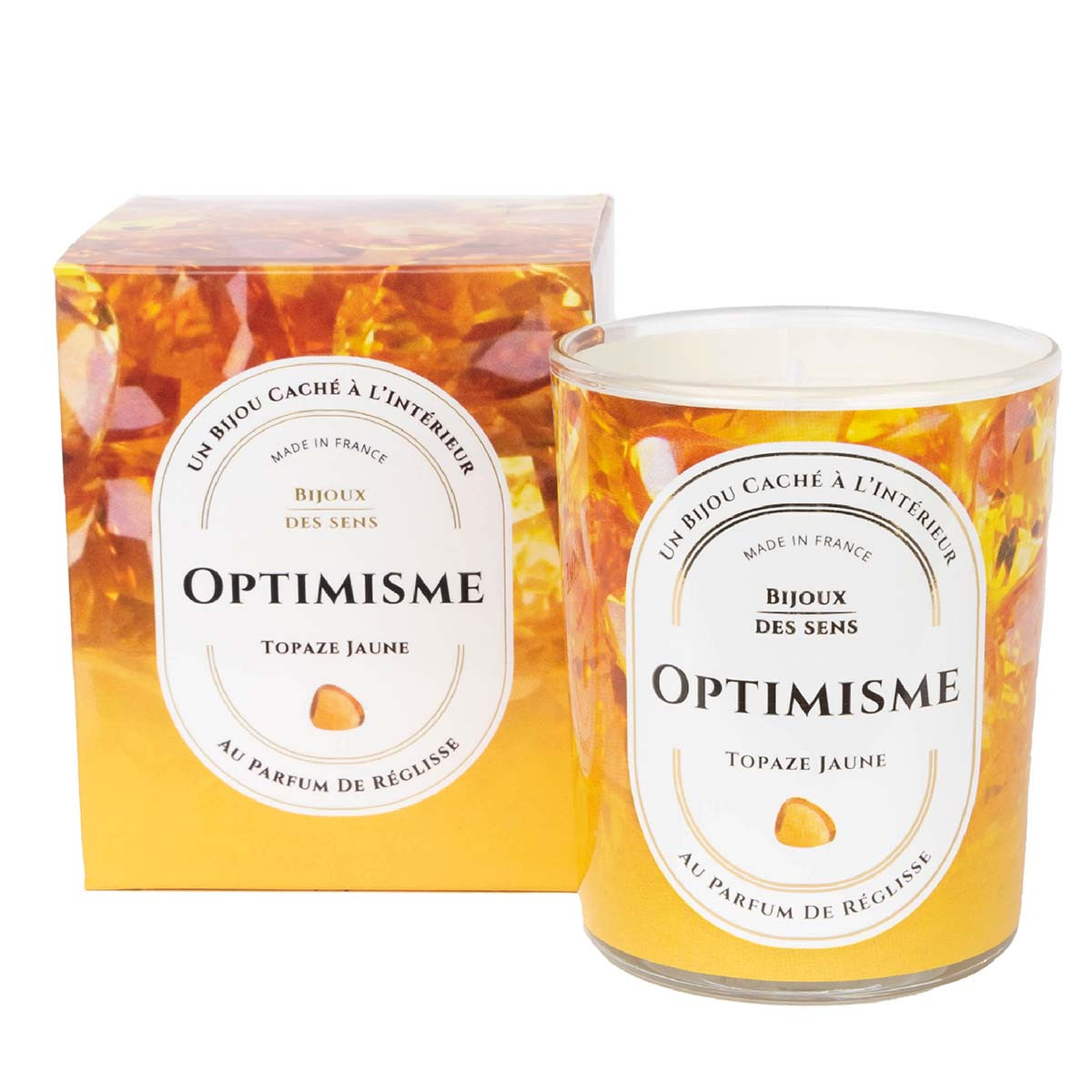 Optimisme - Bougie Fragrance Reglisse et Bracelet Doré Topaze Jaune
