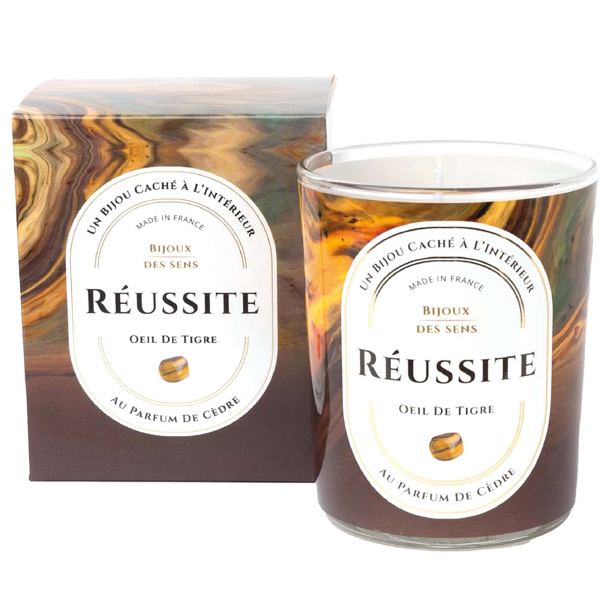 Réussite - Bougie Fragrance Cedre et Collier Argenté Œil De Tigre