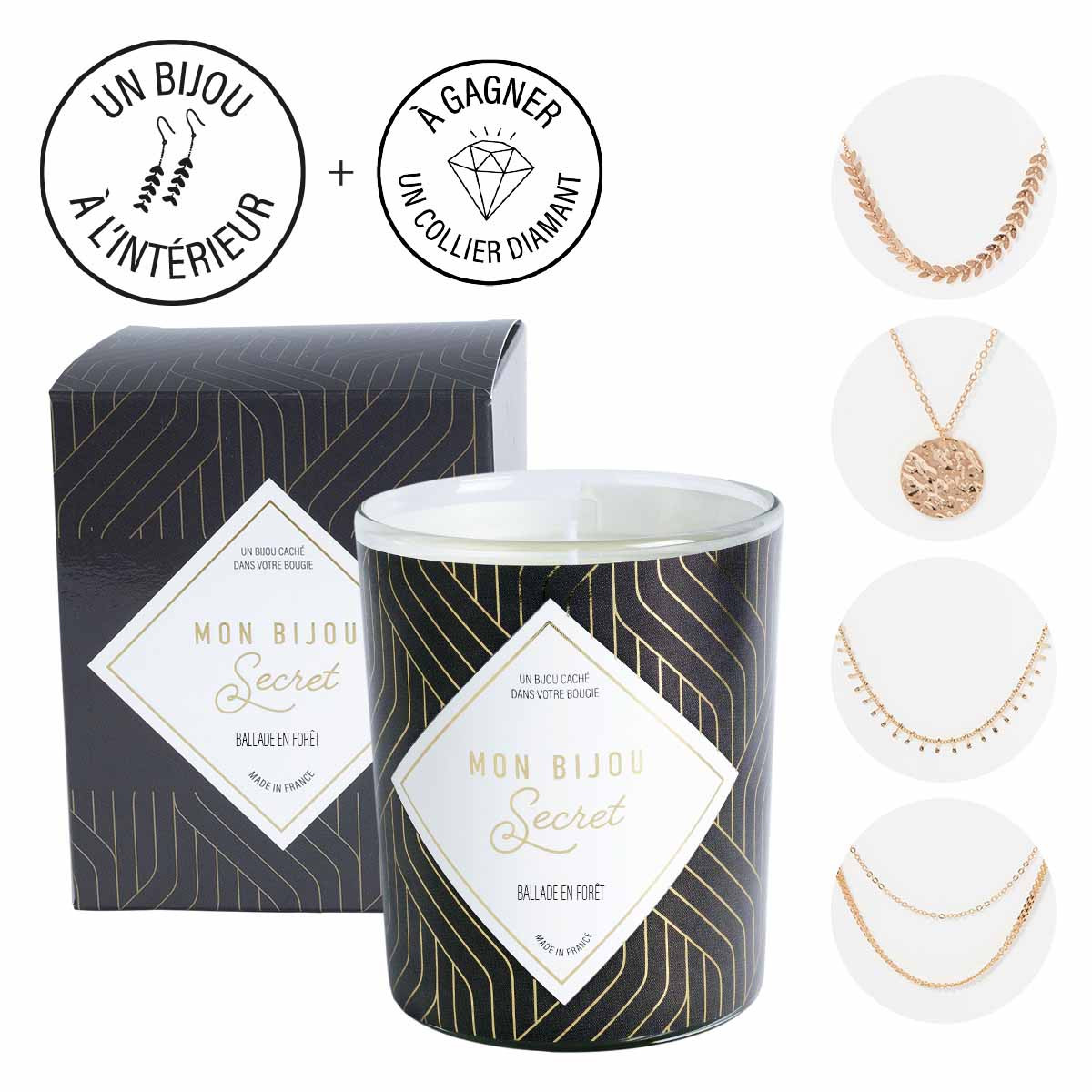 Bougie Bijou Collier doré - Parfum Balade en forêt - 40h Bougie Bijou Collier doré - Parfum Balade en forêt - 40h