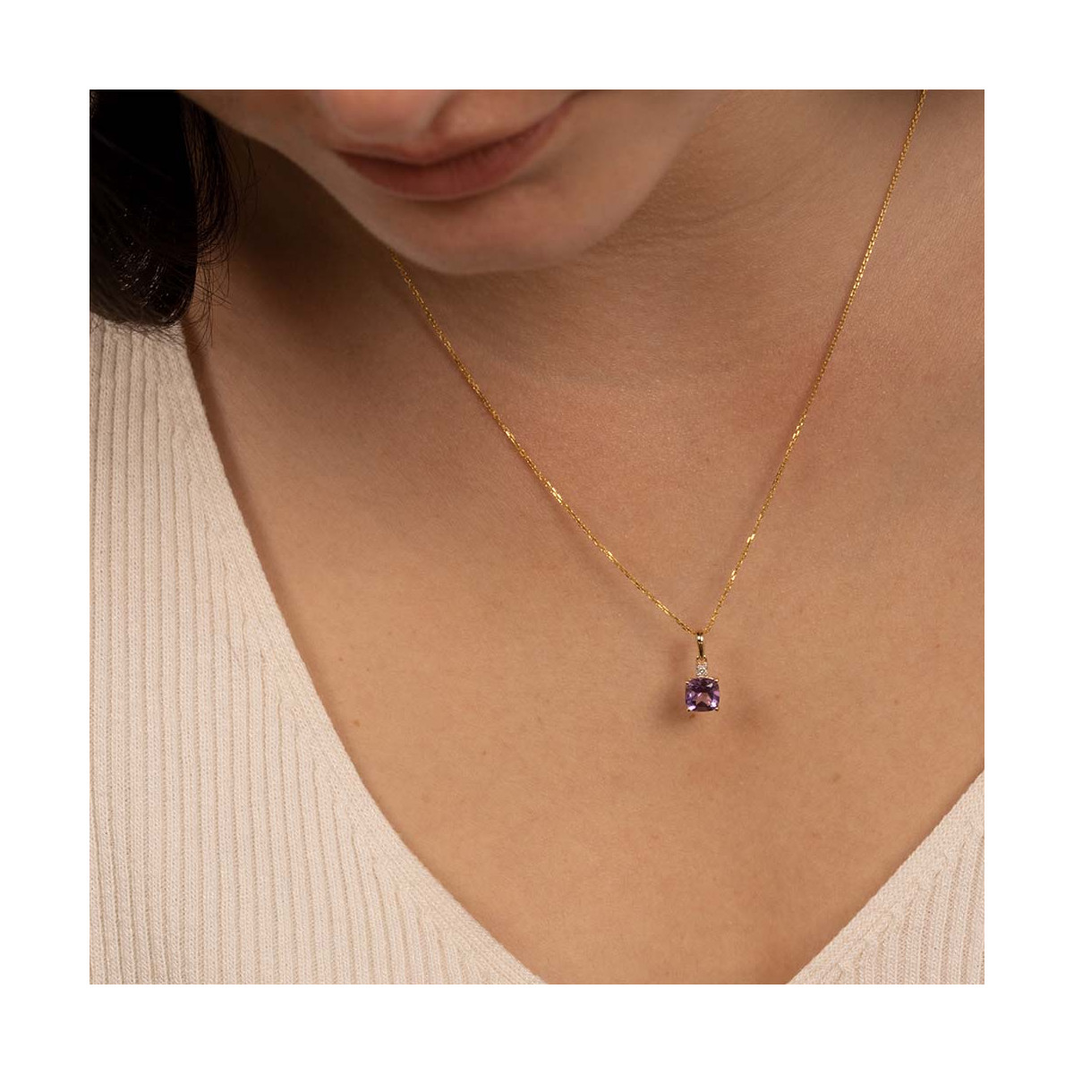 Pendentif Or Jaune Diamant et Améthyste Pendentif "Briséis" Or jaune et Améthyste